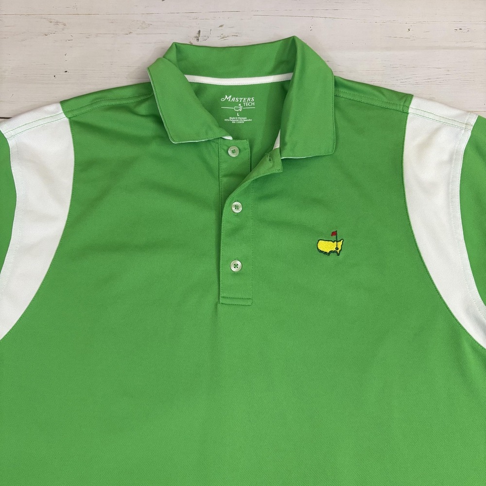 Masters Tech Polo Shirt Mens L Green White Colorblock Golf Logo Stretch Knit